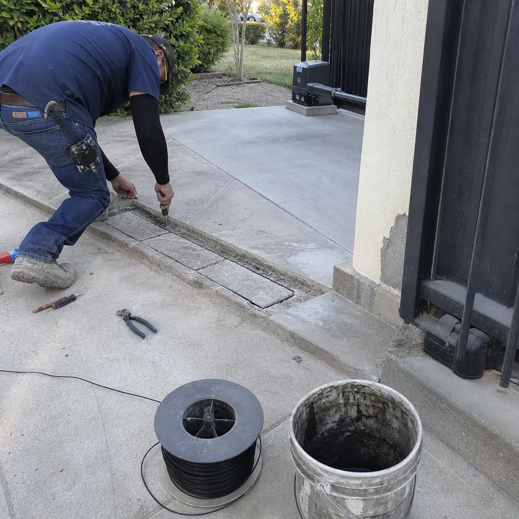 technician performing gate access control wiring installation in Granada Hills, CA