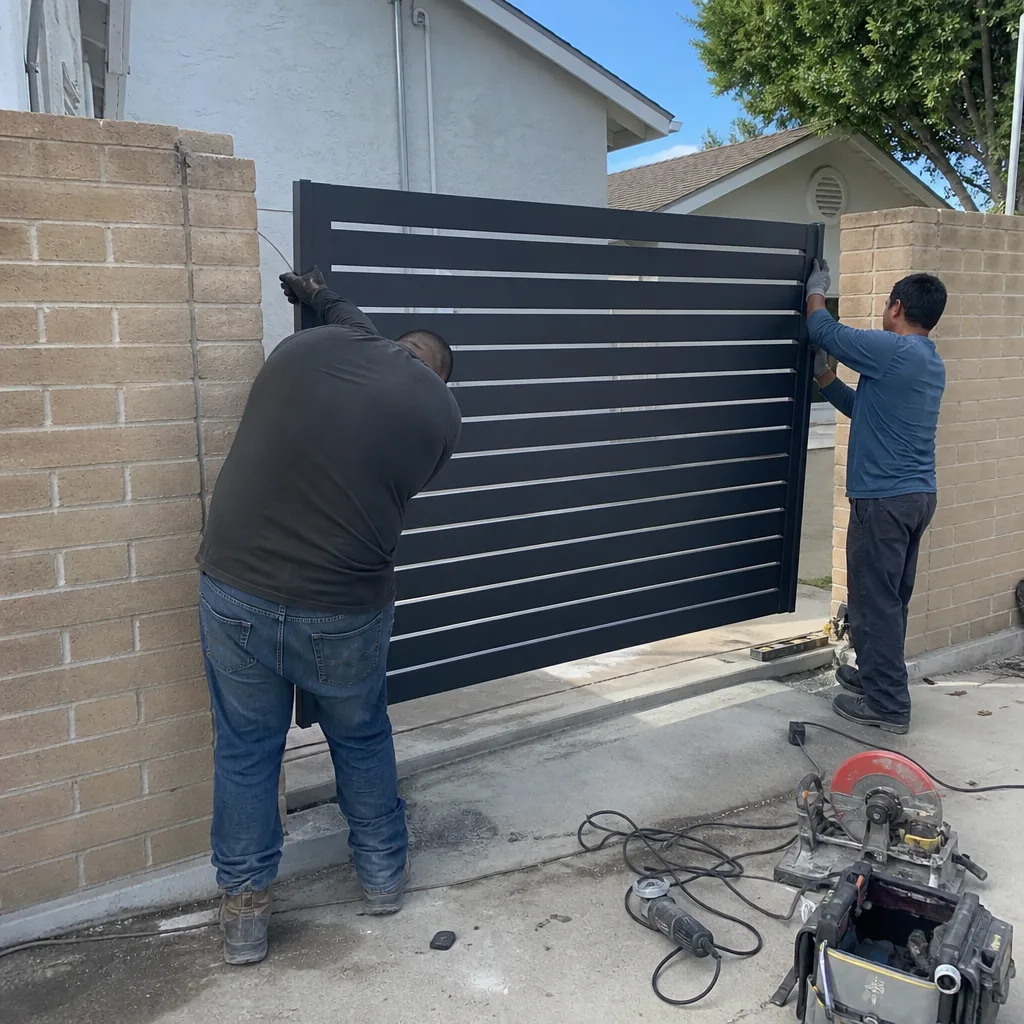 Two contractors installing a modern black metal gate between brick pillars