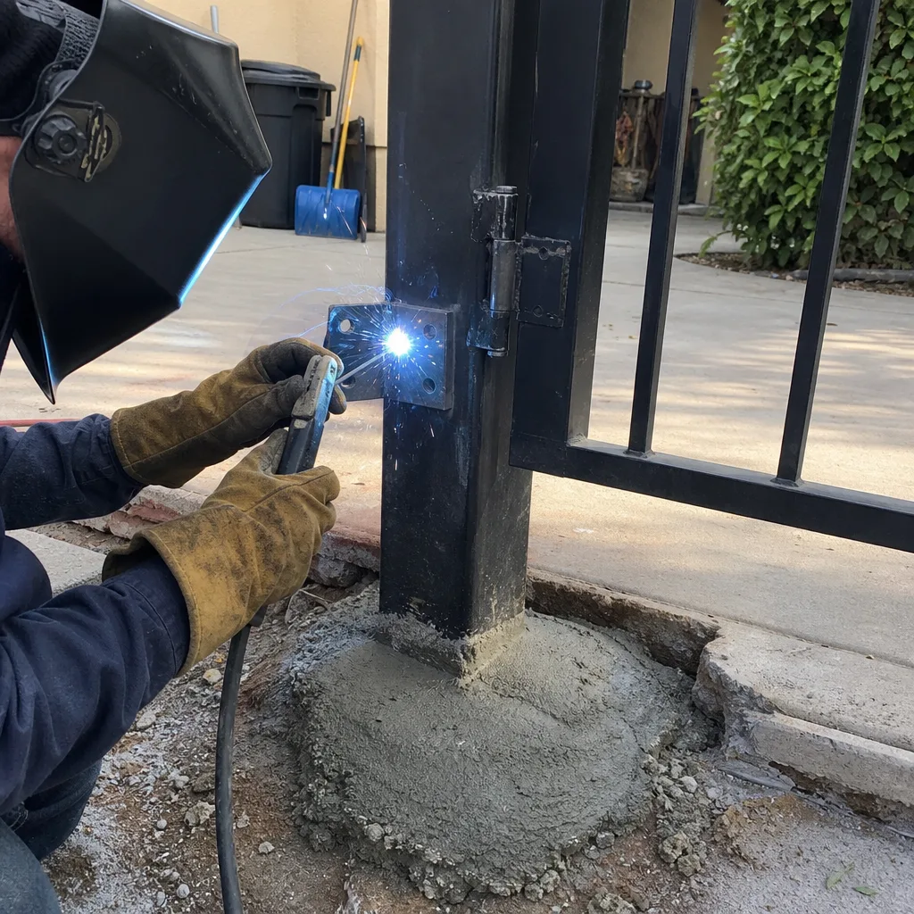 professional welding metal hinge onto residential iron gate post